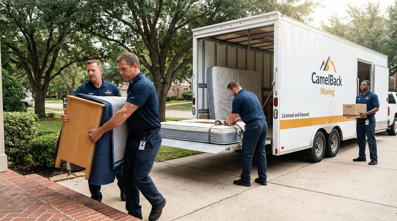 Crew loading residential truck for cross-state move from Hubbard Lake, MI