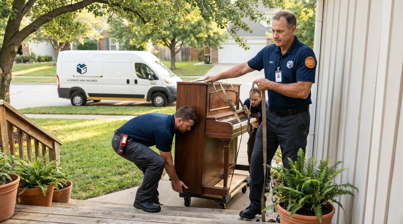 Licensed piano movers securing grand piano in Hubbard Lake, MI