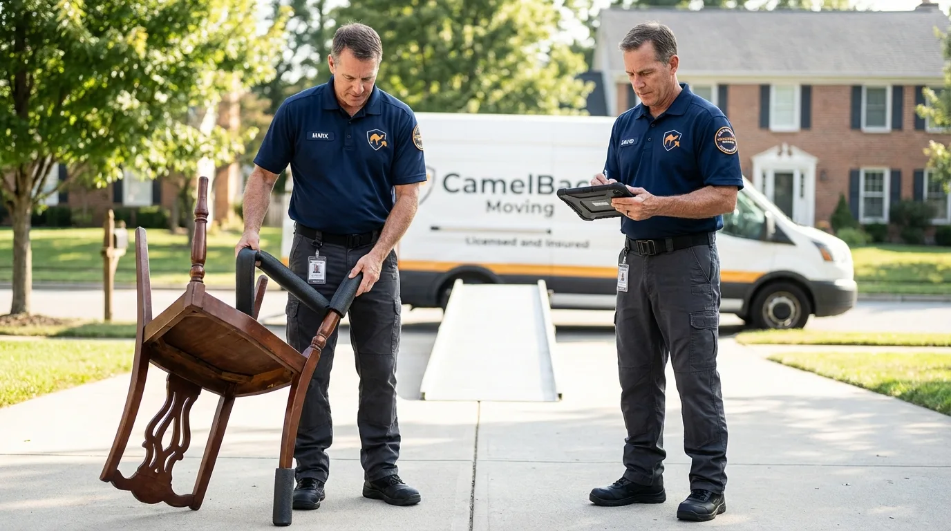 Movers inspecting furniture for damage prevention before loading in Hubbard Lake, MI