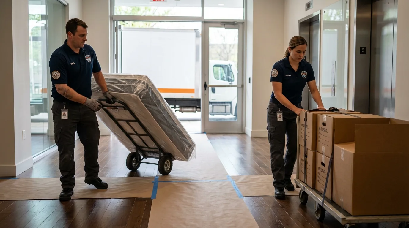 Professional apartment movers loading elevator in Hubbard Lake, MI