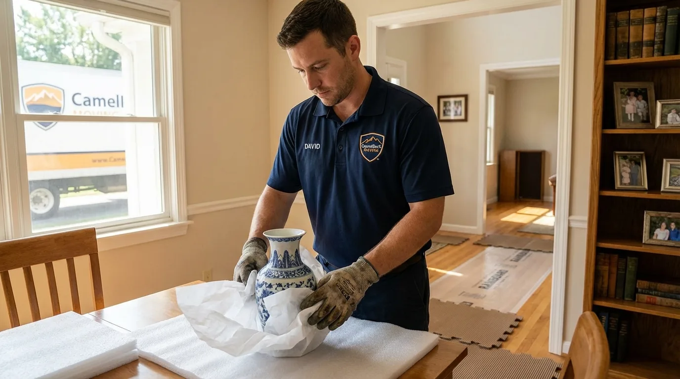 Professional crew carefully wrapping antique vase for senior downsizing move in Hubbard Lake, MI
