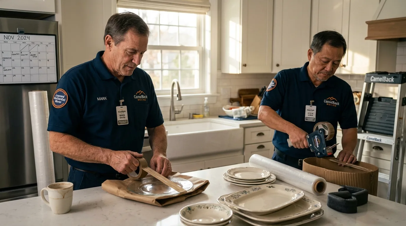Professional crew packing kitchen dishware in Hubbard Lake, MI